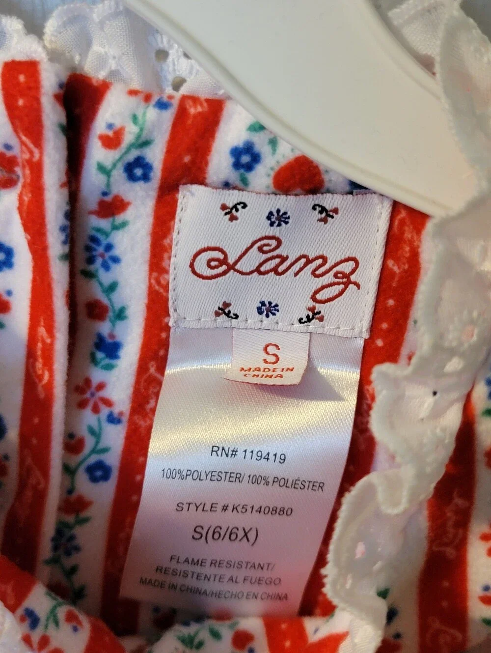 Lanz of Salzburg Flannel Nightgown Red and White Girls S 6/6x